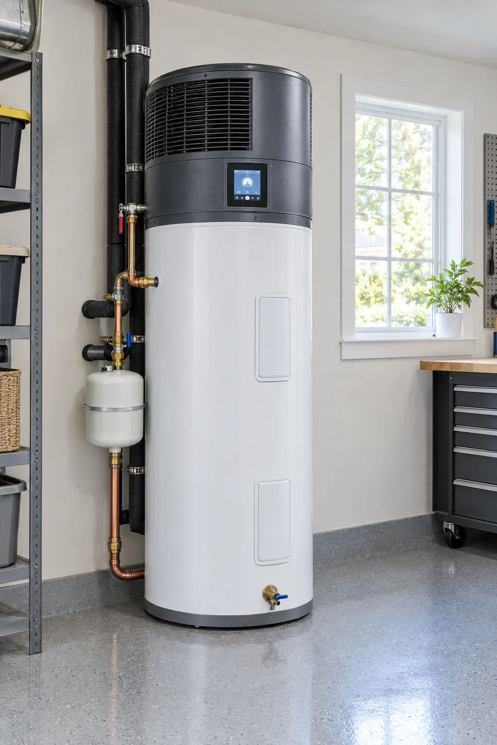 Illustrative hybrid heat-pump water heater with a top-mounted heat-pump section