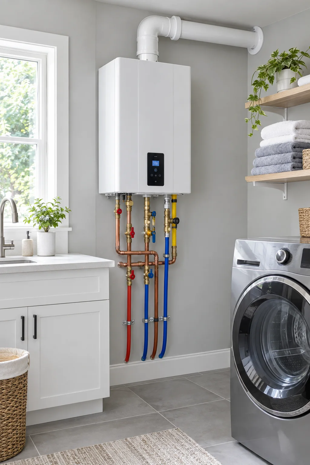 Illustrative wall-mounted tankless water heater in a laundry room